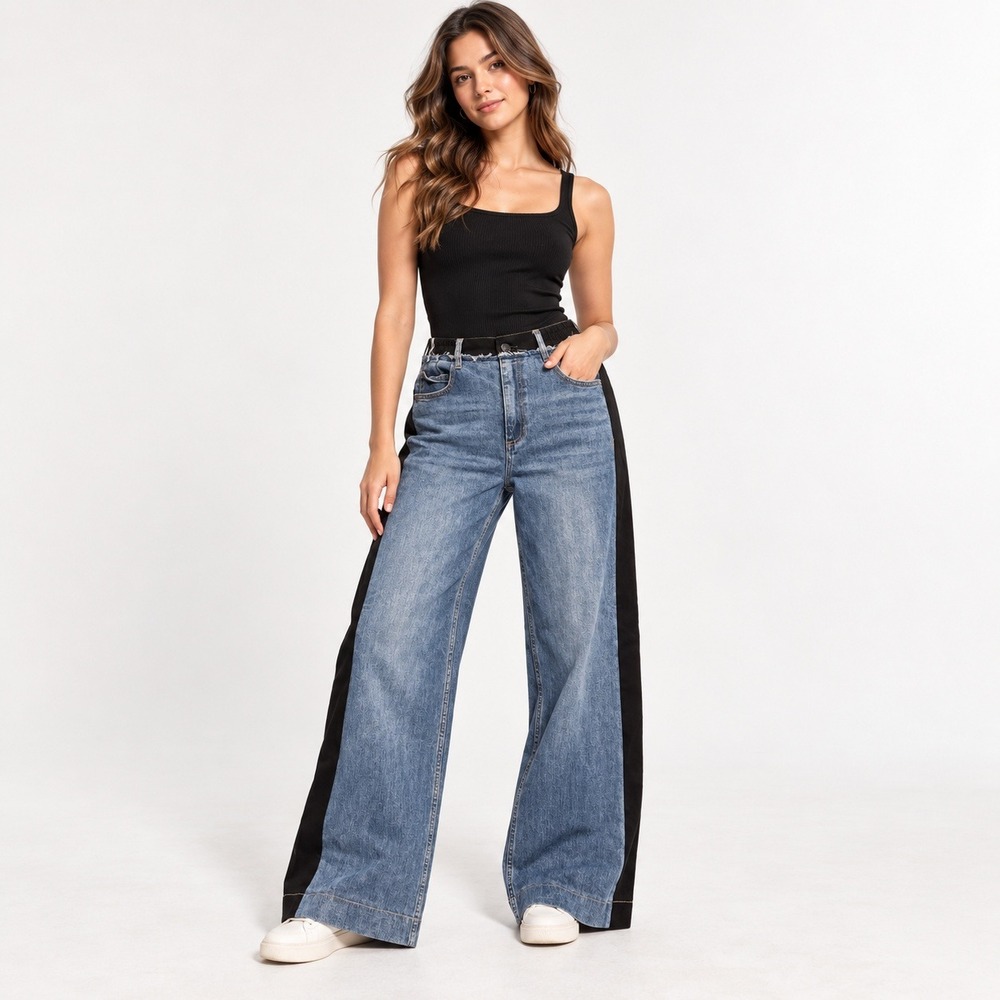 Desigual Wide Leg Jeans Womens 30 Blue Black Two Tone Side Stripe Frayed Waist